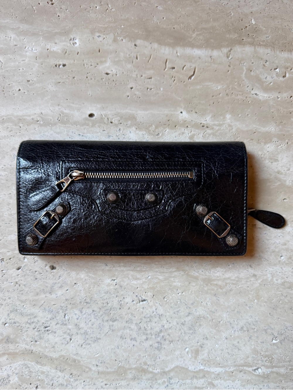 Balenciaga Black Leather Agneau Giant 12 Gold Hardware Money Wallet